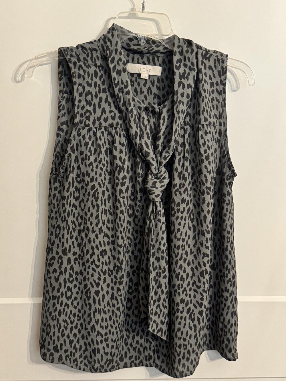 LOFT Blouse Womens Sz S Gray Animal Print Tie Neck Sleeveless Office Top Bow